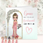 personalised will you be my bridesmaid or maid of honour card pink dress
