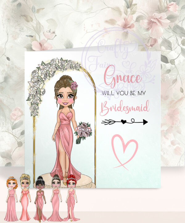 personalised will you be my bridesmaid or maid of honour card pink dress