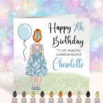 personalised girl in ruffle party dress birthday card for granddaughter