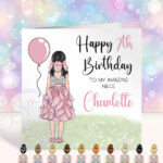 personalised girl in ruffle party dress birthday card for granddaughter