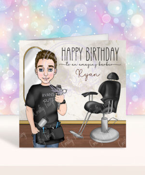 personalised barber or male hairdresser in salon birthday card