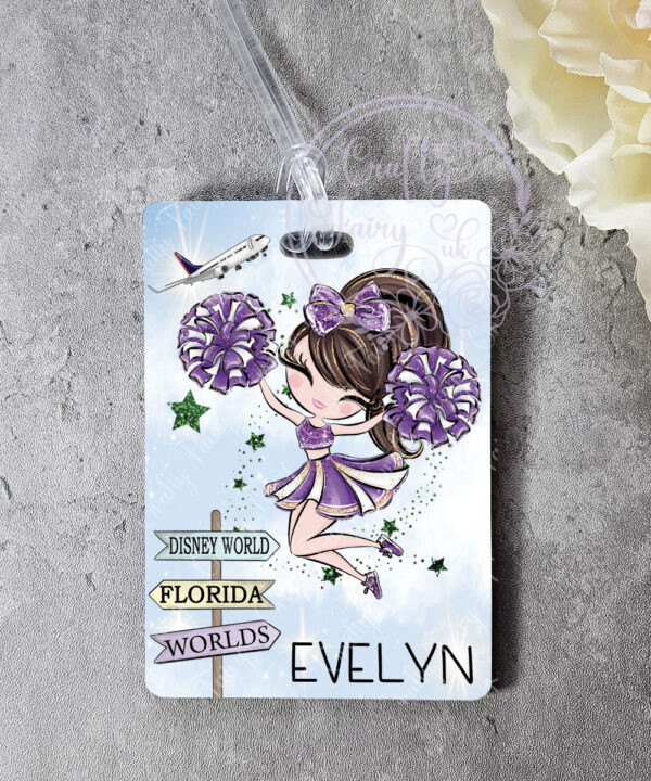 personalised whimsical cheerleader girl summit/worlds signpost travel luggage tag