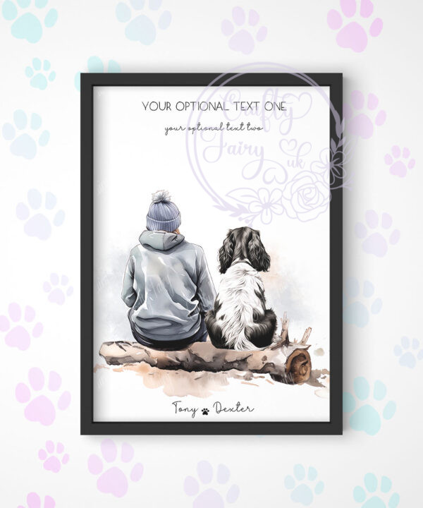 personalised dog lover man and dog scene 2 printed a5 or a4 image
