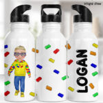 personalised straight 600ml water bottle for boy who loves lego
