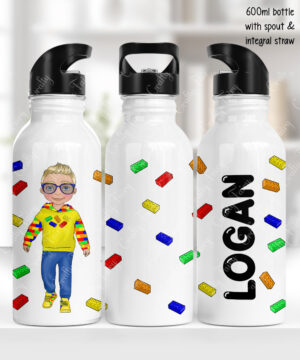 personalised straight 600ml water bottle for boy who loves lego