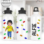 personalised straight 600ml water bottle for boy who loves lego