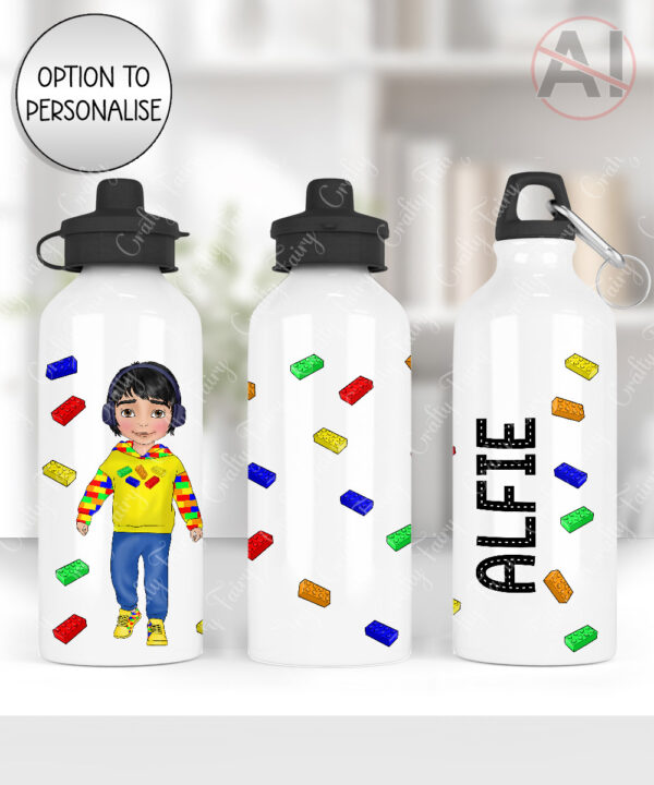personalised straight 600ml water bottle for boy who loves lego