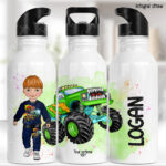 personalised monster truck boy's straight 600ml water bottle