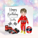 personalised formula 1 car racing fan birthday card for young boy