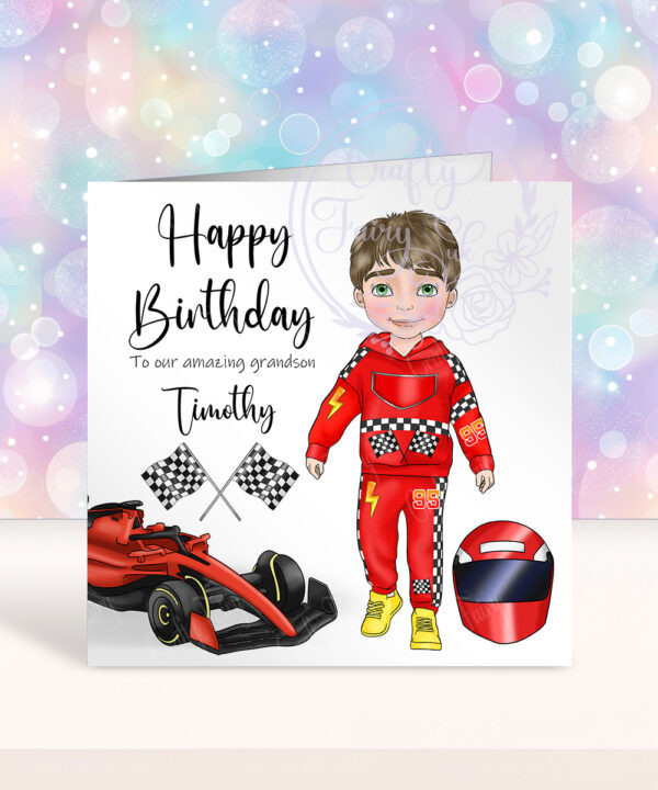 personalised formula 1 car racing fan birthday card for young boy