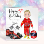 personalised formula 1 car racing fan birthday card for young boy