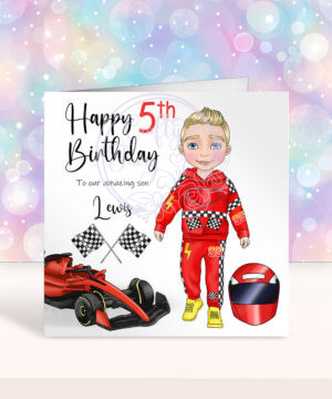 personalised formula 1 car racing fan birthday card for young boy
