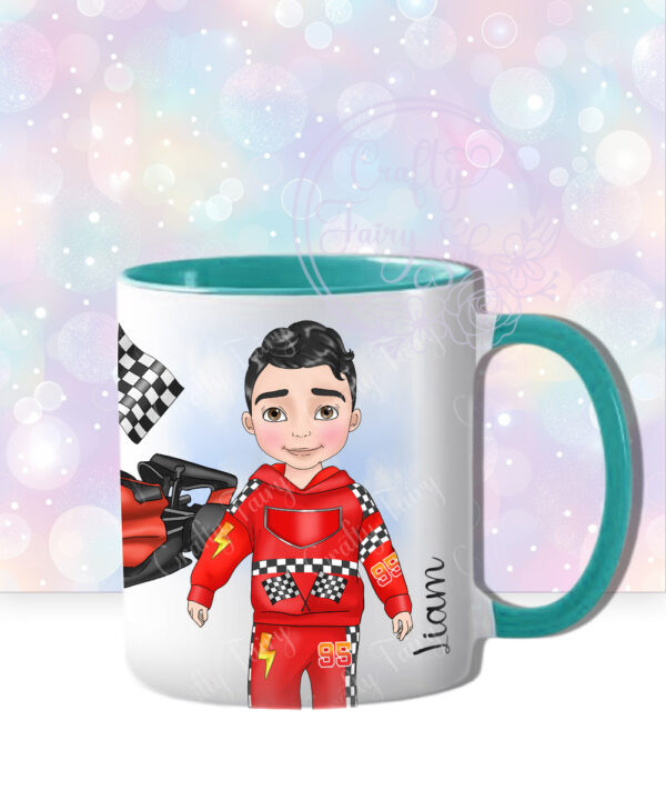 personalised formula 1 car racing fan mug for young boy