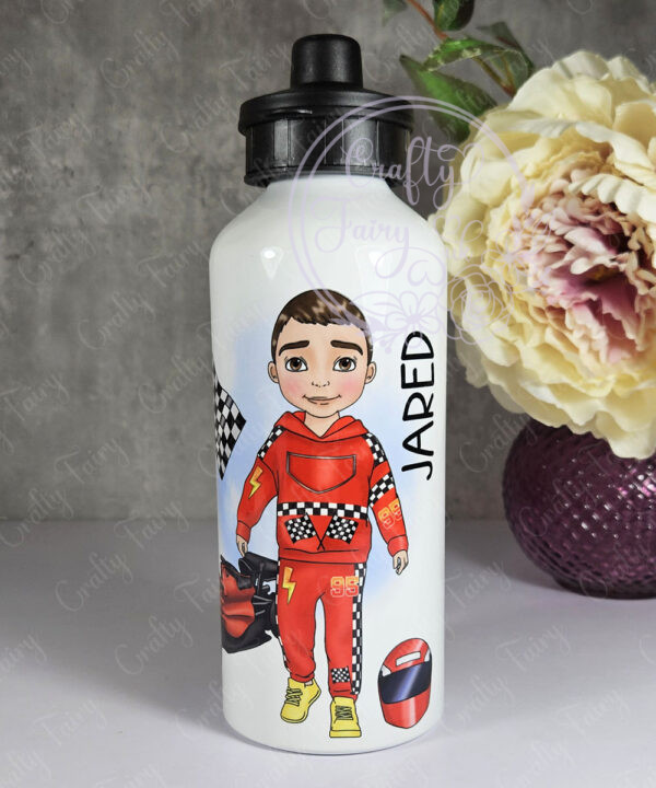 personalised formula 1 red racing car fan 600ml water bottle for young boy