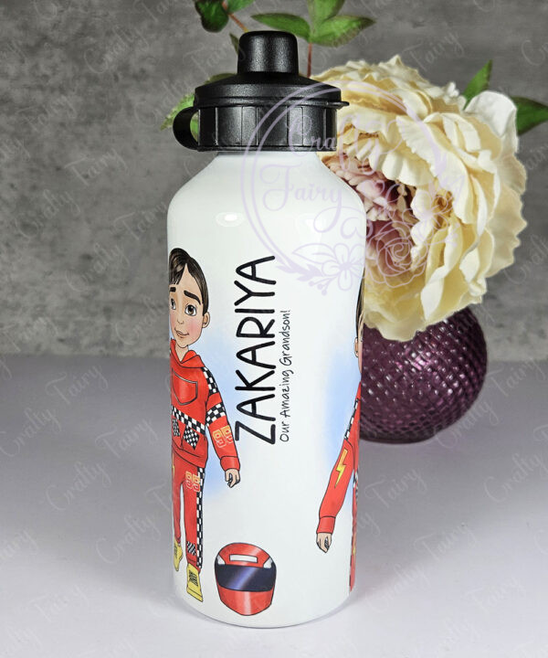 personalised formula 1 red racing car fan 600ml water bottle for young boy