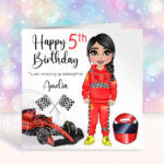 personalised car racing motorsport fan birthday card for young girl