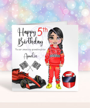 personalised car racing motorsport fan birthday card for young girl