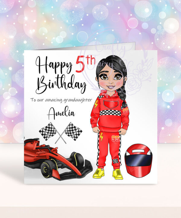 personalised car racing motorsport fan birthday card for young girl