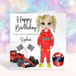 personalised car racing motorsport fan birthday card for young girl