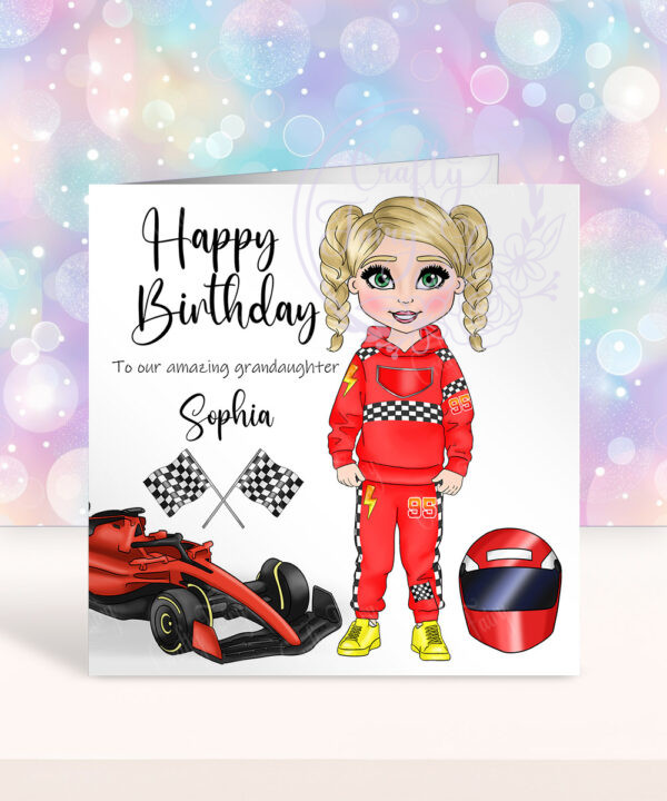 personalised car racing motorsport fan birthday card for young girl