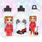 personalised car racing motorsport fan 600ml water bottle for young girl
