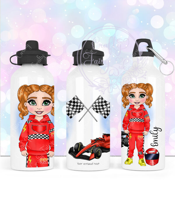personalised car racing motorsport fan 600ml water bottle for young girl