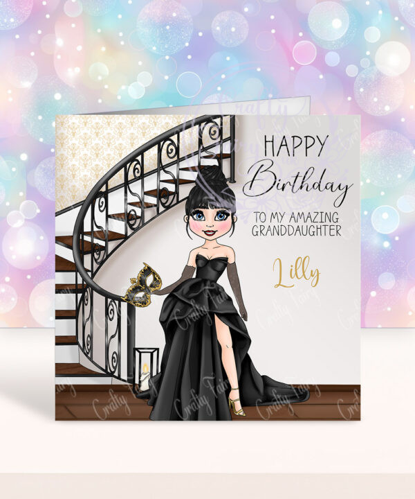 personalised masquerade ball lady in black gothic dress birthday card