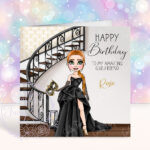 personalised masquerade ball lady in black gothic dress birthday card