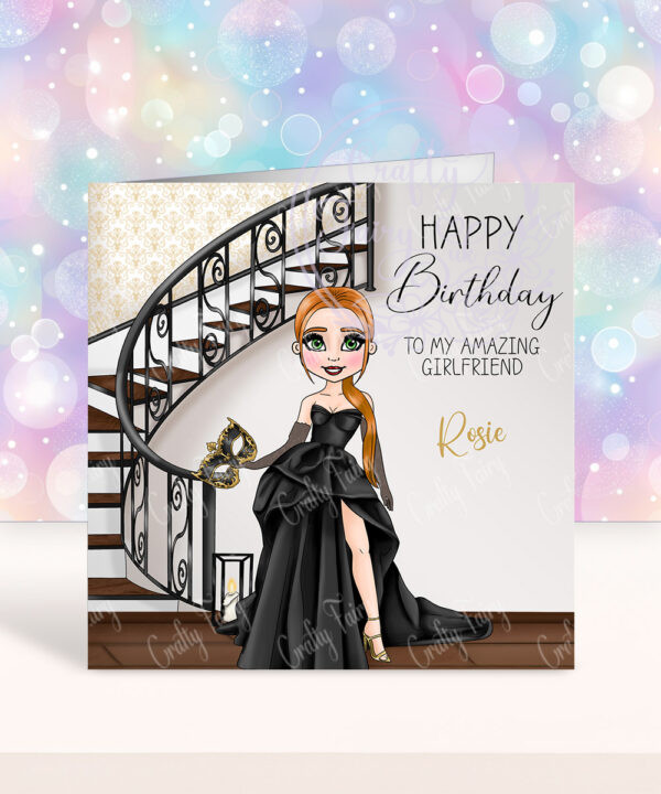 personalised masquerade ball lady in black gothic dress birthday card
