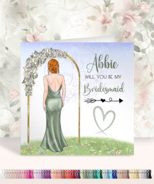 personalised will you be my bridesmaid or maid of honour card back view with floral arch