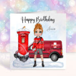personalised postwoman in red happy birthday card