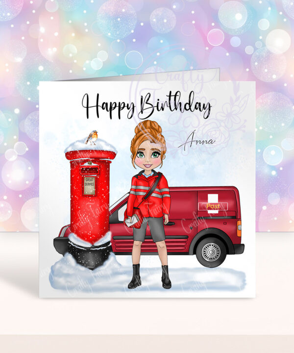 personalised postwoman in red happy birthday card