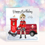 personalised postwoman in red happy birthday card
