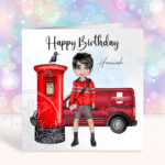personalised postwoman in red happy birthday card