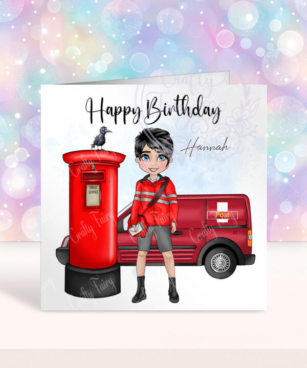 personalised postwoman in red happy birthday card