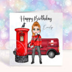 personalised postwoman in red happy birthday card