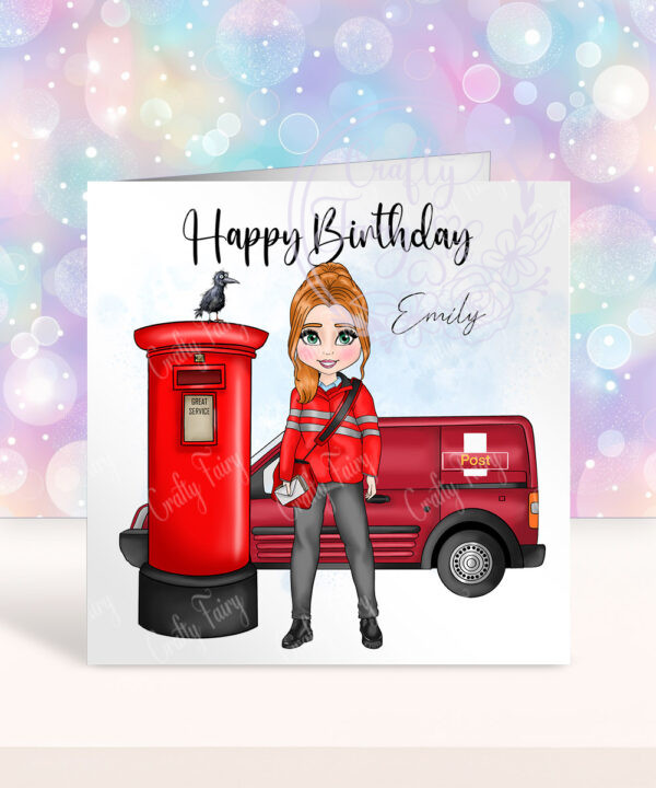 personalised postwoman in red happy birthday card