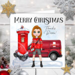 personalised postwoman postie in red thank you christmas card