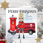 personalised postwoman postie in red thank you christmas card