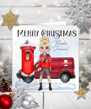 personalised postwoman postie in red thank you christmas card