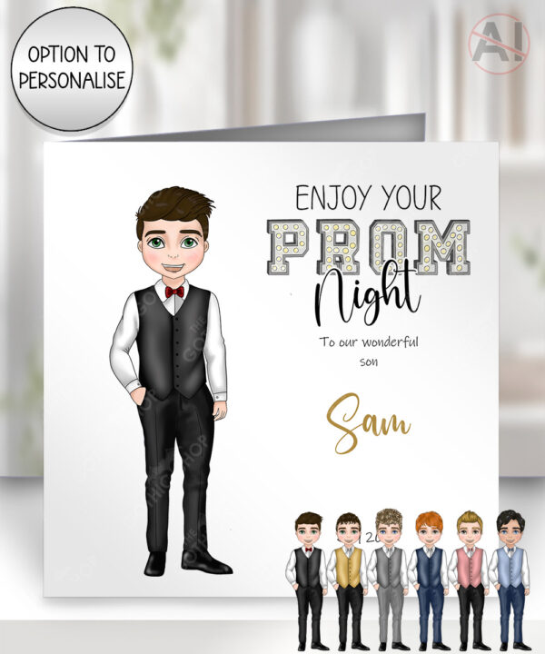 personalised school leavers prom card boy in waistcoat & bowtie
