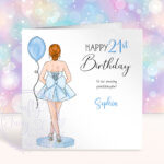 personalised lady in light blue party mini dress back view birthday card