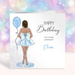 personalised lady in light blue party mini dress back view birthday card