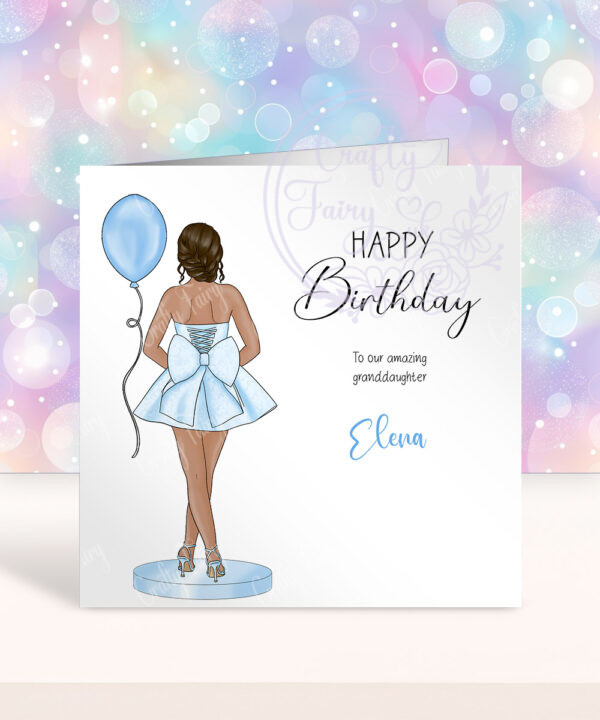 personalised lady in light blue party mini dress back view birthday card