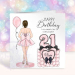 personalised pink party dress back view & number balloons birthday card