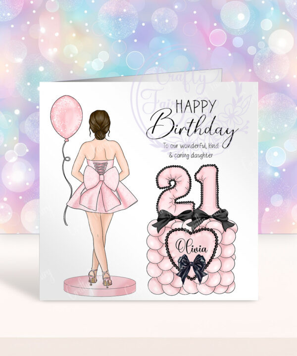 personalised pink party dress back view & number balloons birthday card