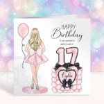 personalised pink party dress back view & number balloons birthday card