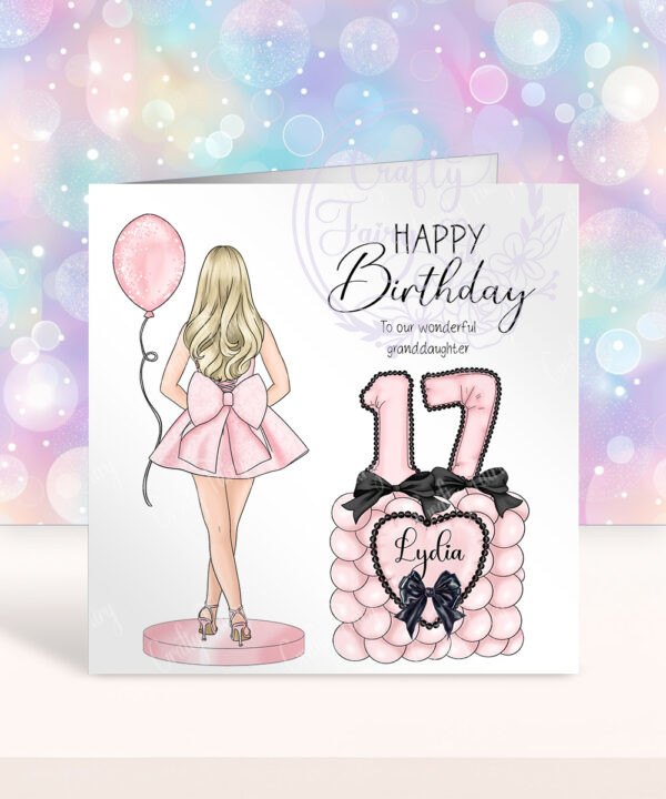 personalised pink party dress back view & number balloons birthday card