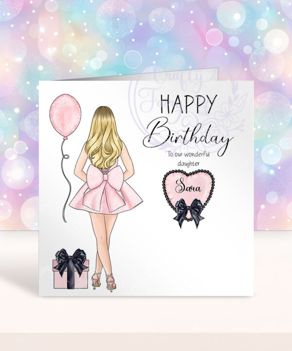 personalised lady in pink party dress back view & gift birthday card