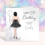 personalised lady in black/white party dress back view birthday card
